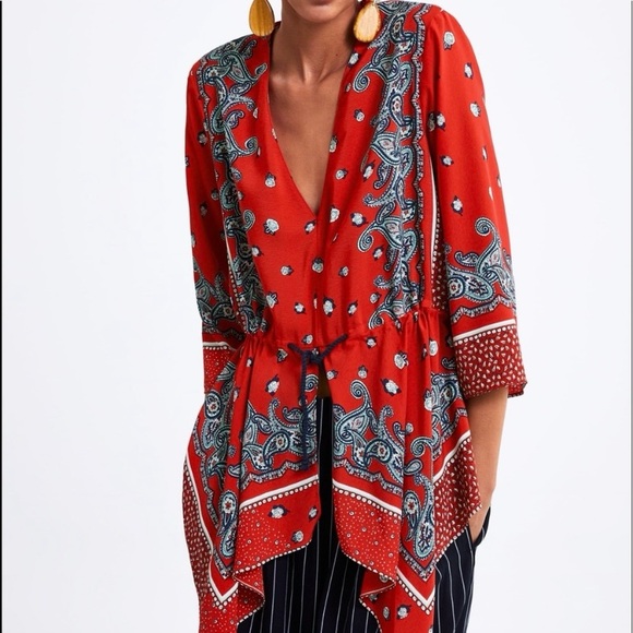 Zara Asymmetric Boho Bandana Paisley Tie Front Top - Picture 2 of 12